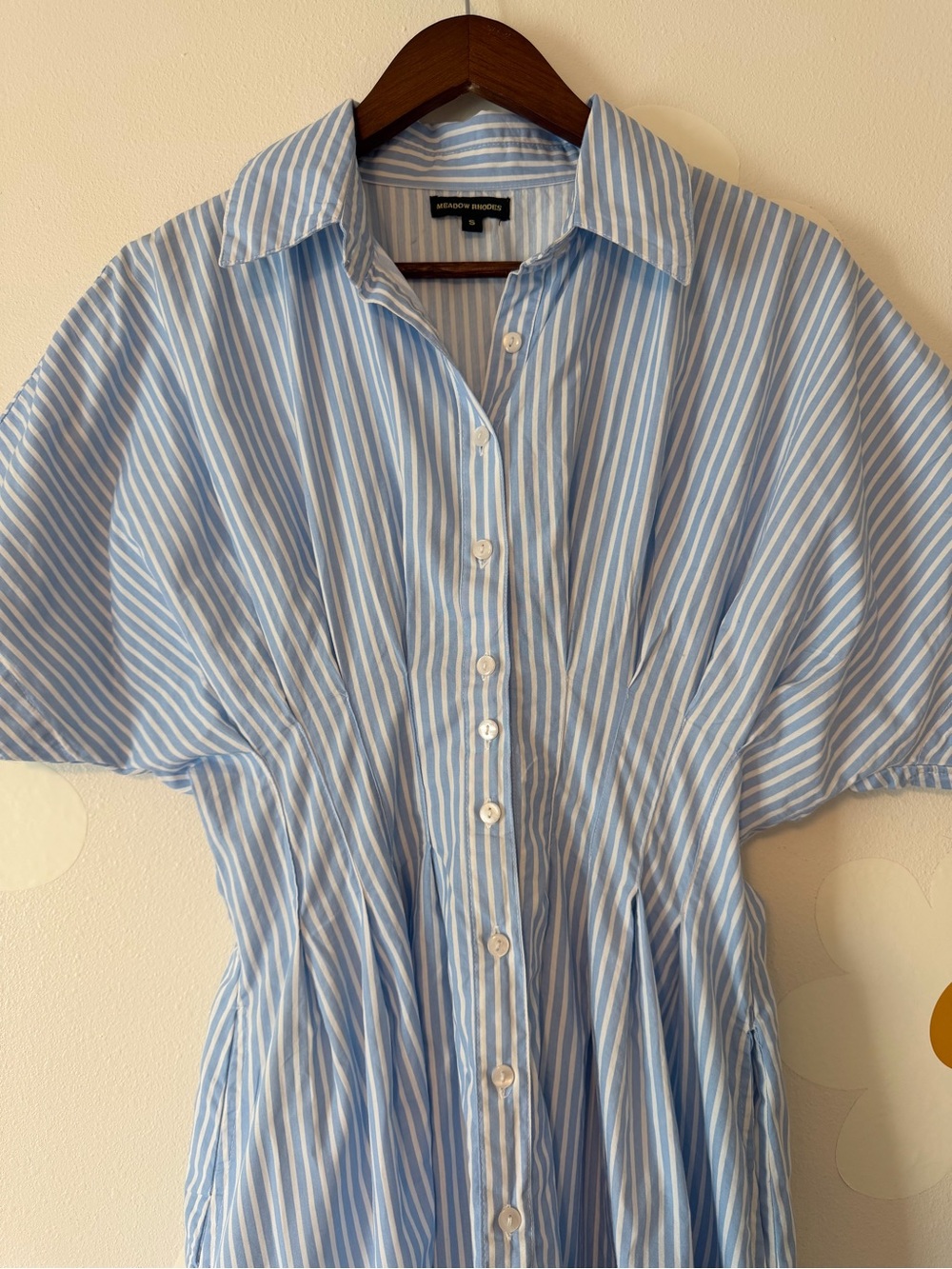 Meadow Rhodes Anthropologie Cotton Light Blue Stripe Cinched Shirt Midi Dres - Picture 3 of 9
